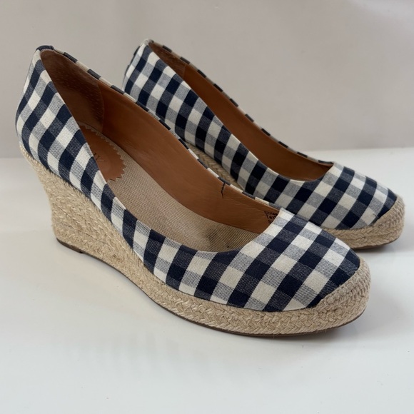 J.Crew Factory Women's Navy Blue White Gingham Plaid Espadrille Wedges Size 7.5 - Picture 1 of 10